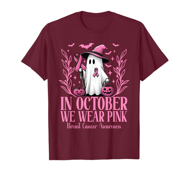 Arich.Tee's Breast Cancer Awareness Ghost in October We Wear Pink Breast Cancer Witch Ghost Halloween T-Shirt - Burgundy