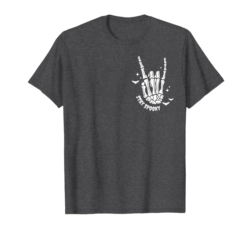 Funny Skeleton Halloween Vintage Stay Spooky Hand Skeleton Happy Halloween Pocket T-Shirt - Dark Heather Grey