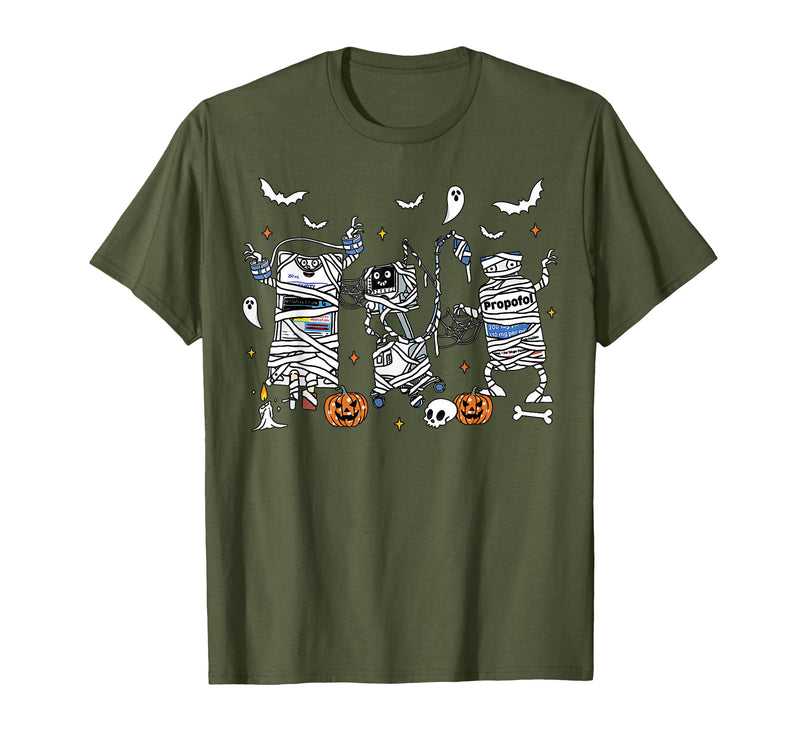 Cute Ghost Halloween Nurse Spooky Season Halloween ICU Nurse Propofol Mummy NICU PICU Nurse Tech T-Shirt - Olive Green