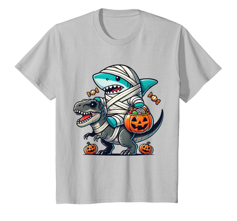 Funny Shark Dinosaur Halloween Kids Boys Tees Shark Riding Dinosaur T-rex Funny Halloween Pumpkin Boys Kid T-Shirt - Silver