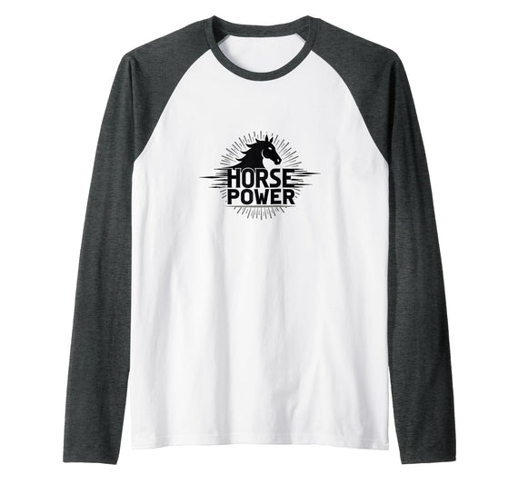 Mademark Horse Power - Equestrian Strength Graphic Art Raglan Baseball Tee - Dark Heather Grey/White