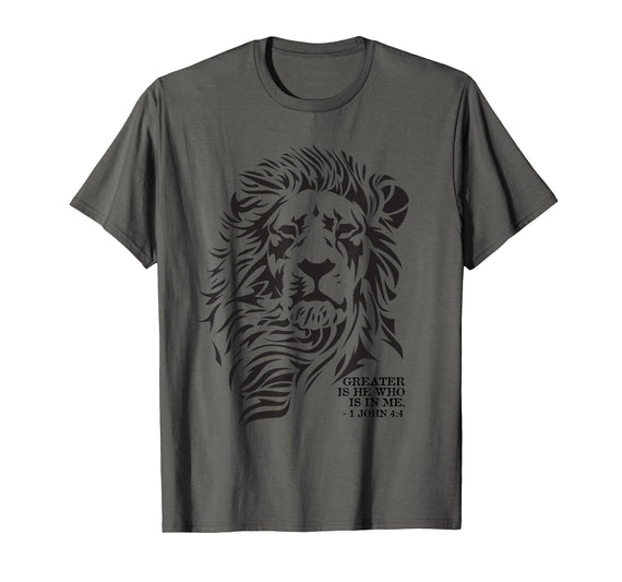 Christian Faith Apparel Lion of Judah Greater is He T-Shirt - Asphalt Grey