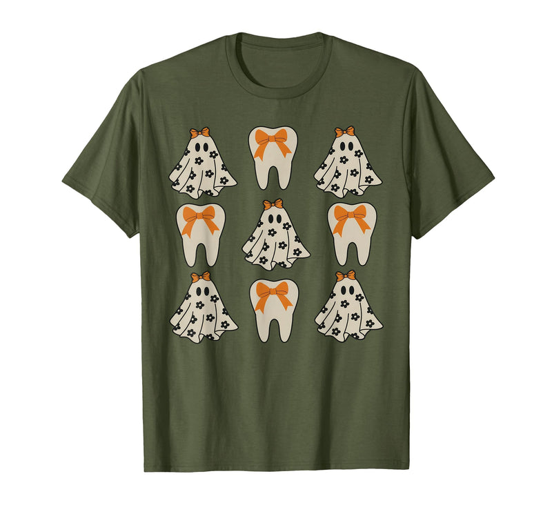 Dentist Dental Halloween Costume Tee Gifts Floral Ghost Teeth Dental Dentist Halloween Costume T-Shirt - Olive Green