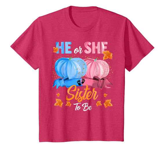 He Or She Pumpkin Gender Reveal Party Supplies Tee Halloween Pumpkin Gender Reveal He or She Sister to Be T-Shirt - Red