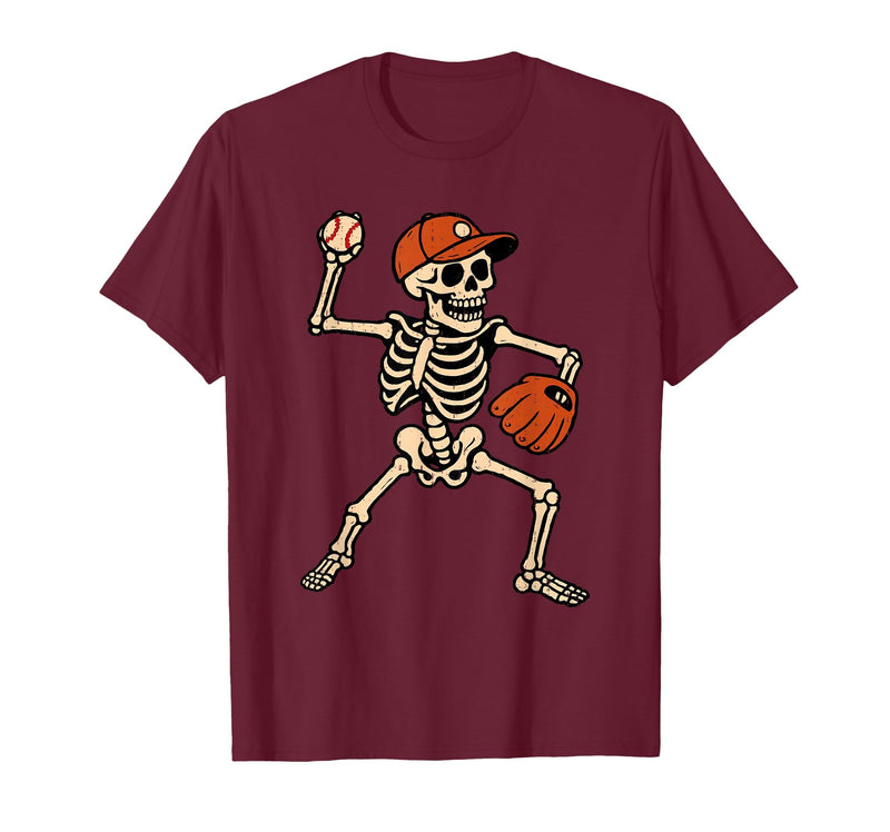 Funny Skeleton Baseball Tee Skeleton Baseball Halloween Costume Pitcher Sport Player T-Shirt - Burgundy