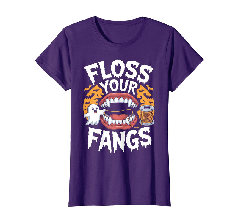 Spooky Dental Office Halloween Dental Crew Ghost Floss Your Fangs Dental Halloween Shirt Dentist Halloween T-Shirt - Purple