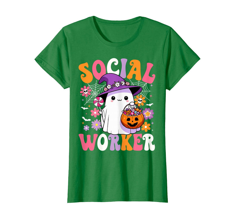 Groovy Social Worker Halloween Ghost Costume Halloween Social Worker Ghost Cute Social Worker Halloween T-Shirt - Kelly Green