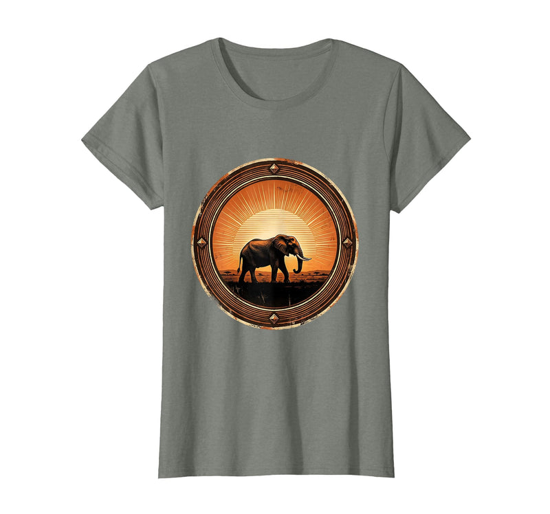 Mademark Elephant Silhouette Glowing Safari Sunset T-Shirt - Women - Olive Heather
