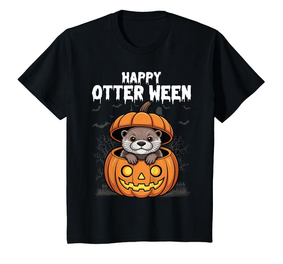Otter Halloween Lover Gift Co. Happy Otter-Ween Lazy Halloween Costume Funny Animal Pun T-Shirt - Black