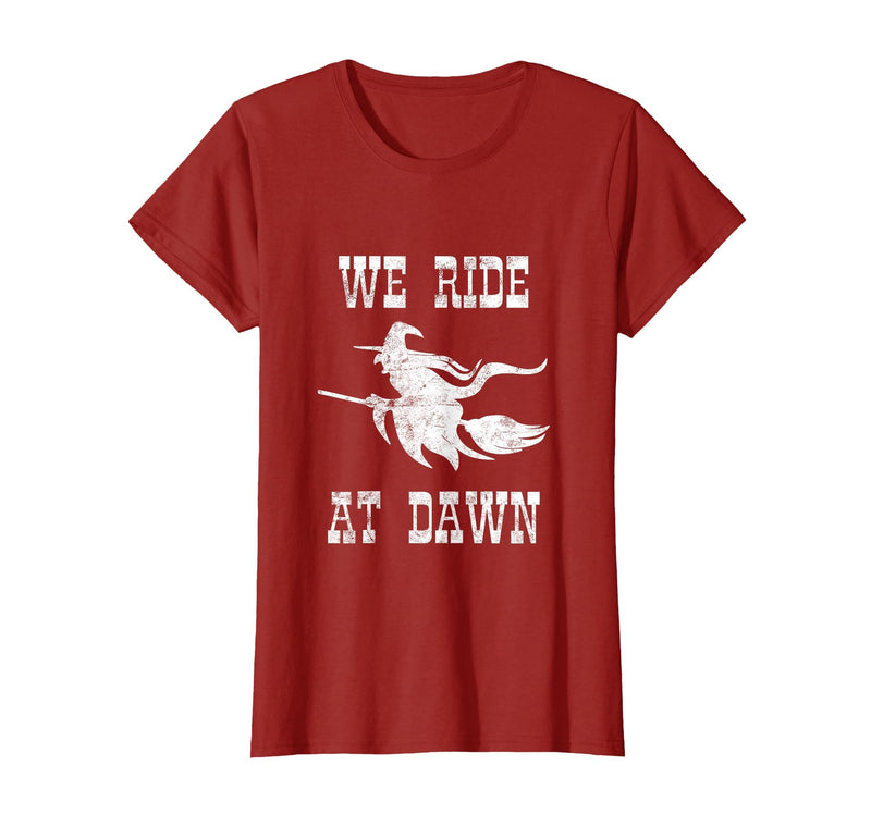 Halloween Witch Broomstick Costume Shop We Ride At Dawn Spooky Witch Broomstick Halloween Costume T-Shirt - Cranberry Red