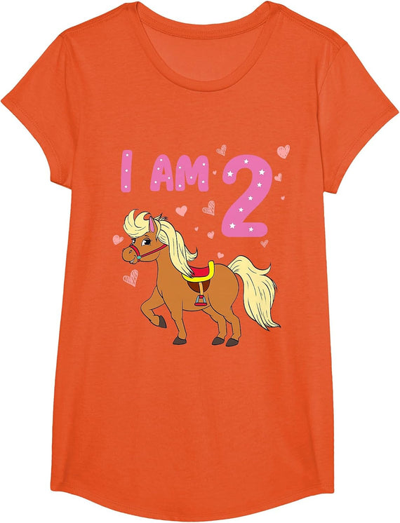 Pony Girl 2nd Birthday Horse 2 Years Old Girls Pony Birthday T-Shirt - Girls Orange