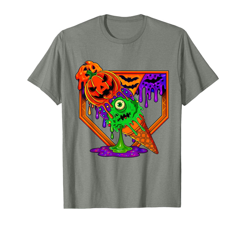 Ice Cream Drip Baseball Home Plate Halloween Tee Funny Halloween Baseball Ice Cream Drip Boys Girls Youth T-Shirt - Olive
