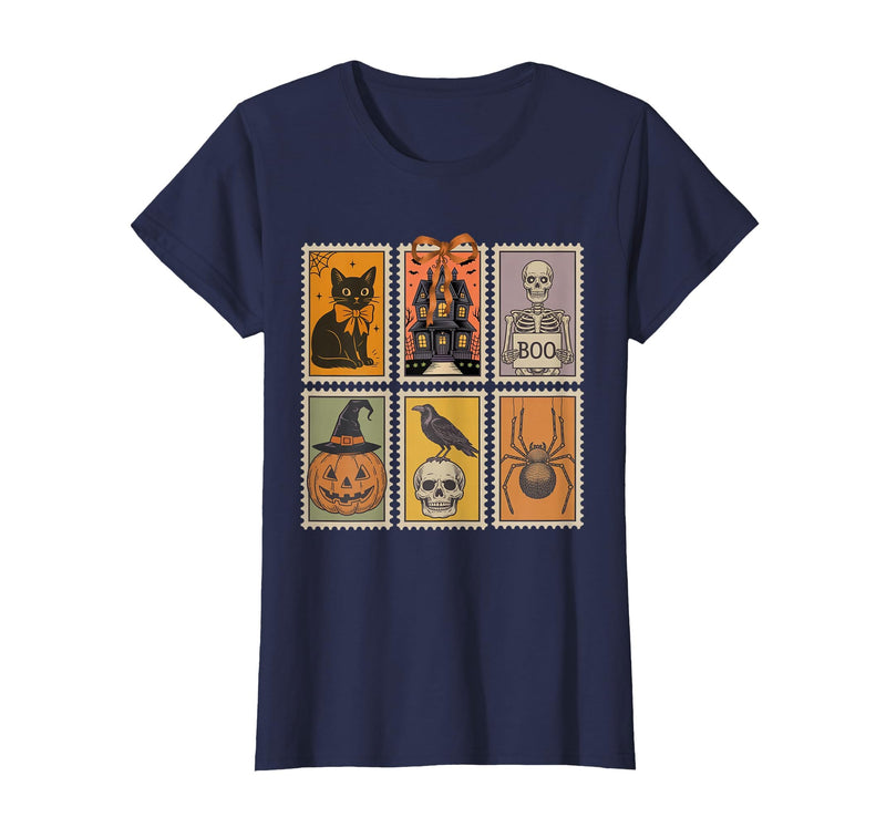 Halloween Stamp Cute Ghost Cute Fall Apparel Vintage Halloween Stamp Cute Ghost Pumpkin Cat Retro Fall T-Shirt - Navy Blue