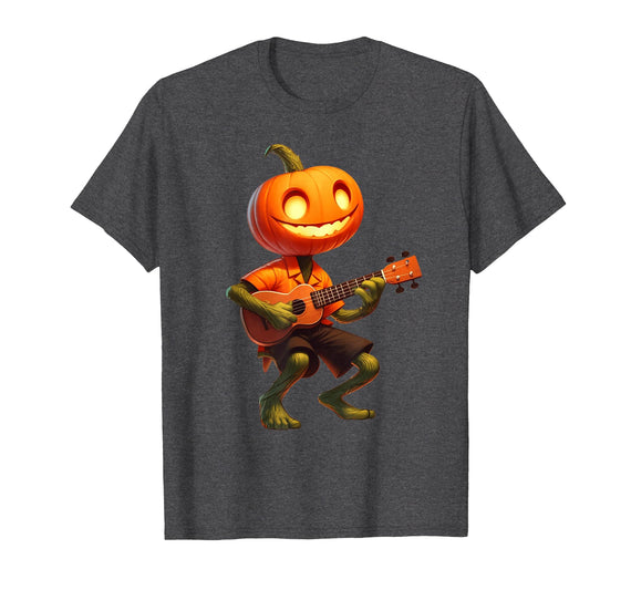 Funny Pumpkin Head Halloween Ukulele Tees Pumpkin Face Playing Ukulele Halloween Costume Men Boys Kids T-Shirt - Dark