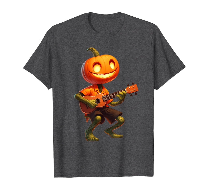 Funny Pumpkin Head Halloween Ukulele Tees Pumpkin Face Playing Ukulele Halloween Costume Men Boys Kids T-Shirt - Dark