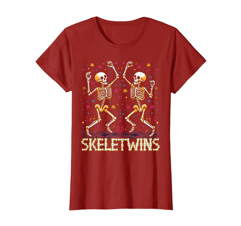Spirit Week Twin Day Skeletwins Halloween Twins Dancing Skeletons Twins Halloween Matching Skeletwins T-Shirt - Cranberry Red