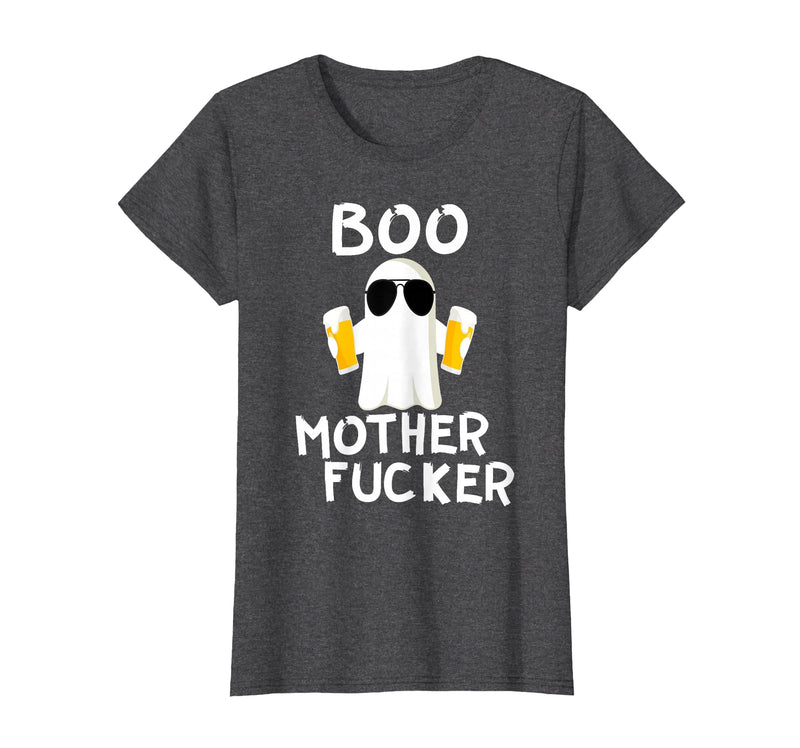 Vulgar Halloween Tee Shop Boo Motherfucker Funny Beer Drinking Ghost Adult Halloween T-Shirt - Dark Heather Grey
