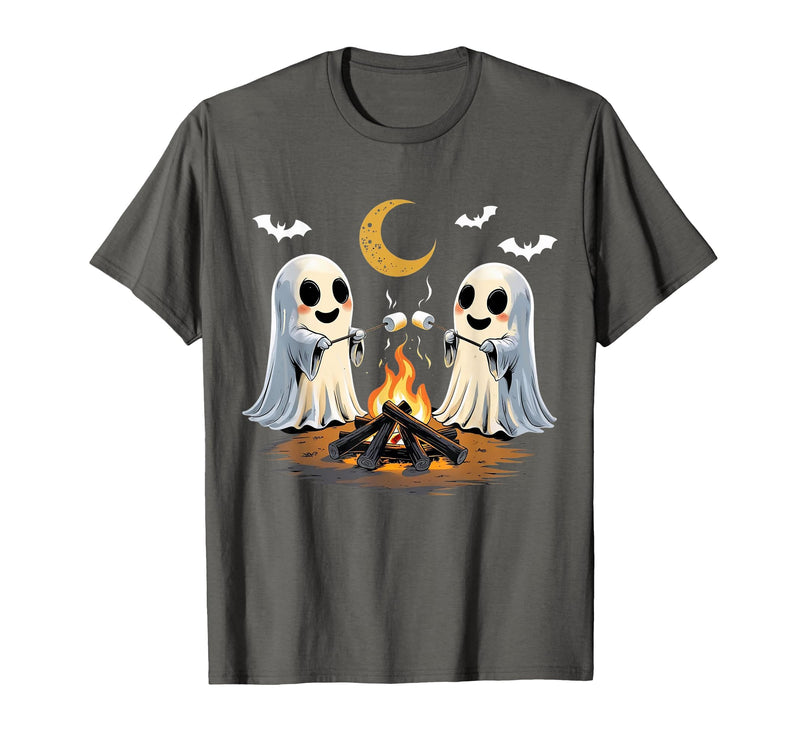 Halloween Tees and Spooky Ghosts Designs Ghosts Roasting Marshmallows Halloween Night Cute Novelty T-Shirt - Asphalt Grey
