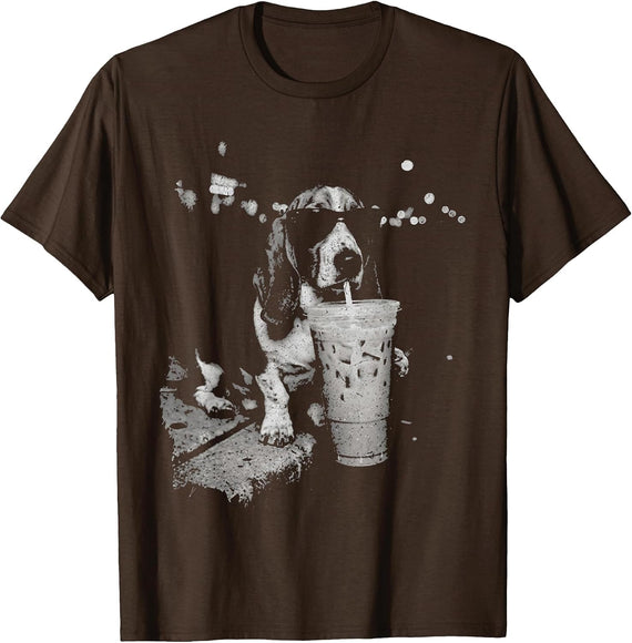 Basset Hound Drinking Iced Coffee Funny Dog Meme Humor T-Shirt - Brown