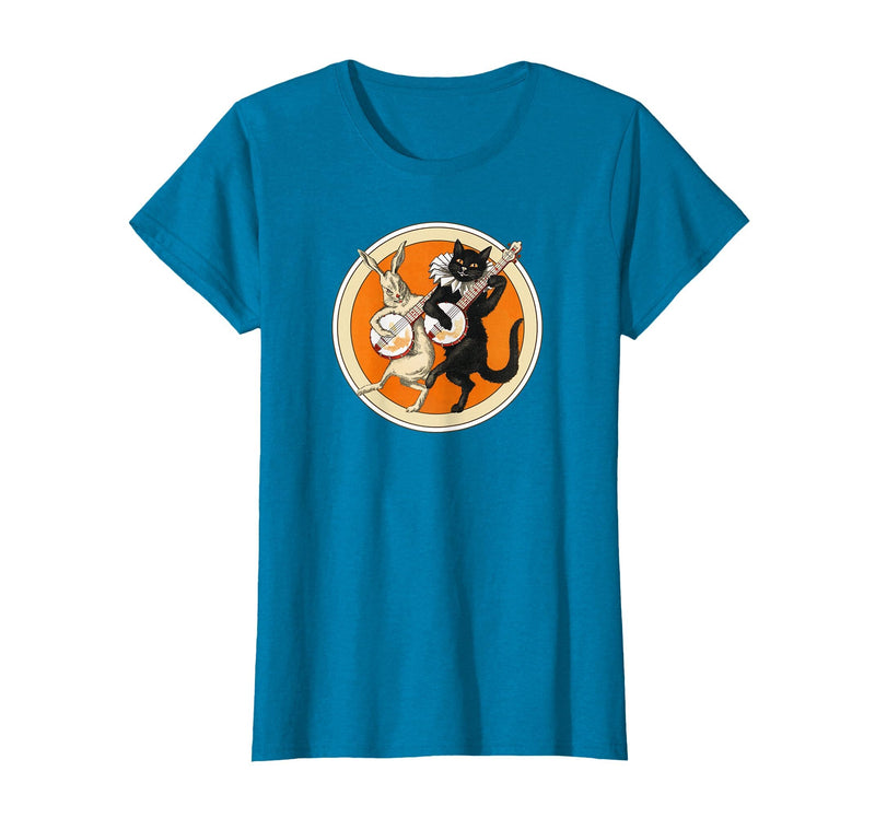 The Persnickety Owl Vintage Halloween Ephemera The Black Cat Magazine Halloween Cat Rabbit and Banjo T-Shirt - Sapphire Blue
