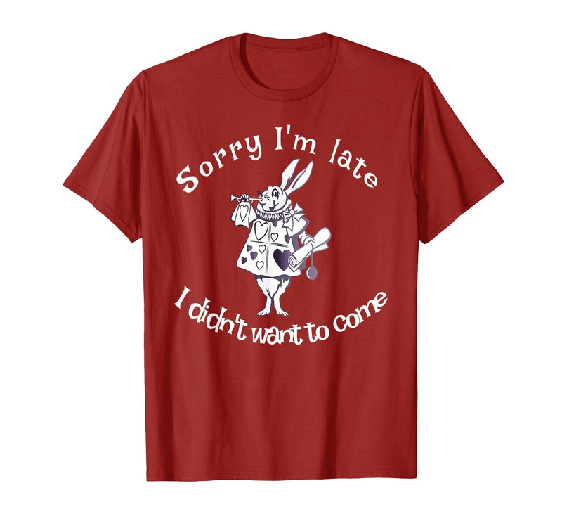 Sorry I'm Late, I Didn't Want to Come White Rabbit Watch T-Shirt in Cranberry Red