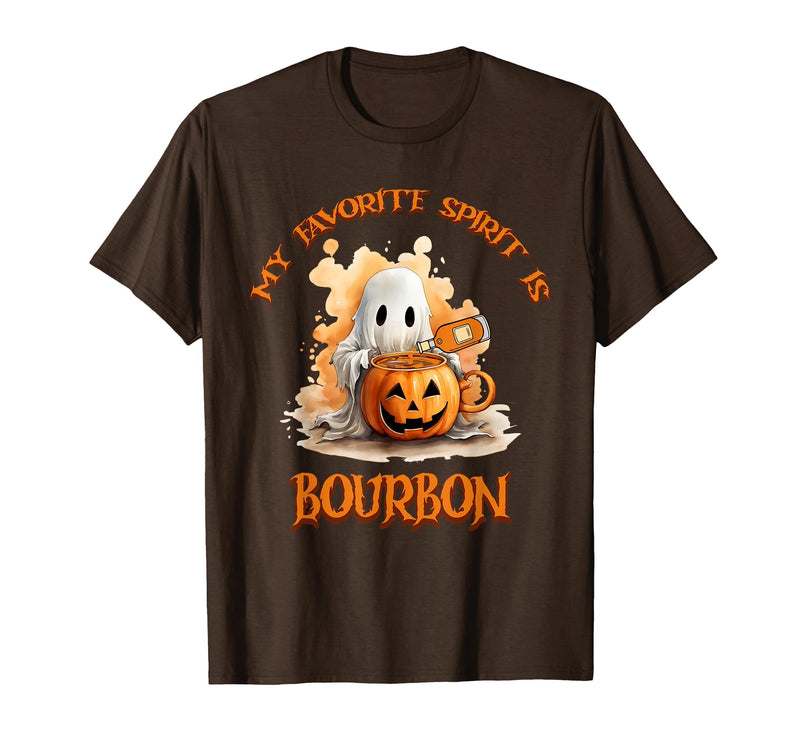 Boo Watercolor Pumpkin Cup Light Witch Hat Bottle Bourbon My Favorite Spirit is Bourbon Happy Halloween Boo T-Shirt - Brown