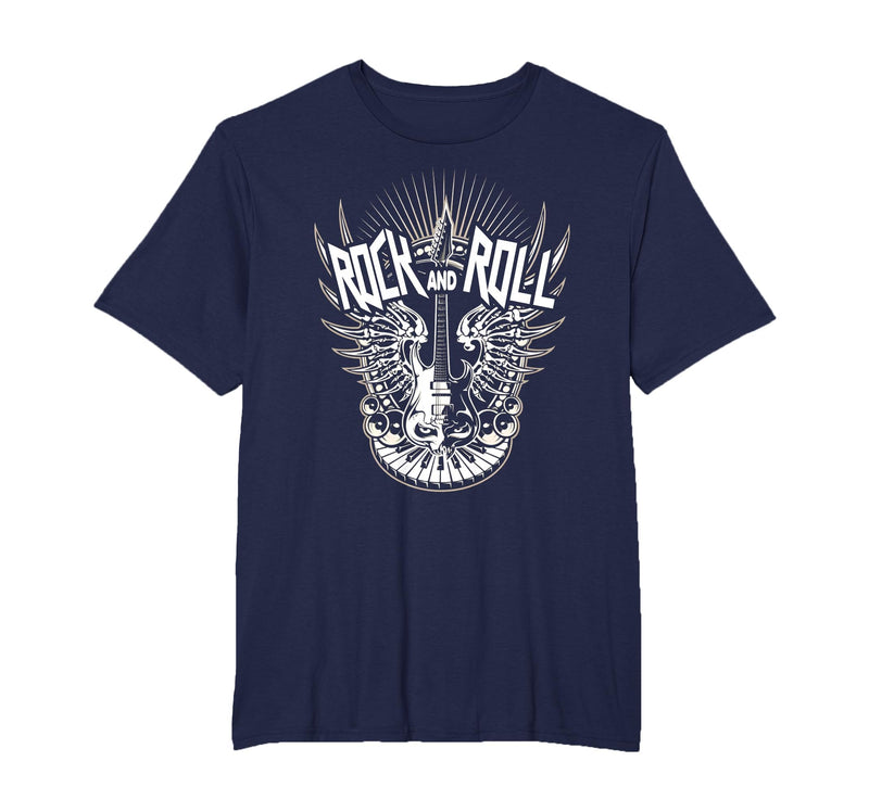 Rock and Roll Music Vintage Retro Gifts Vintage 80s Rock & Roll Music Electric Guitar Skeleton Wings T-Shirt - Navy Blue