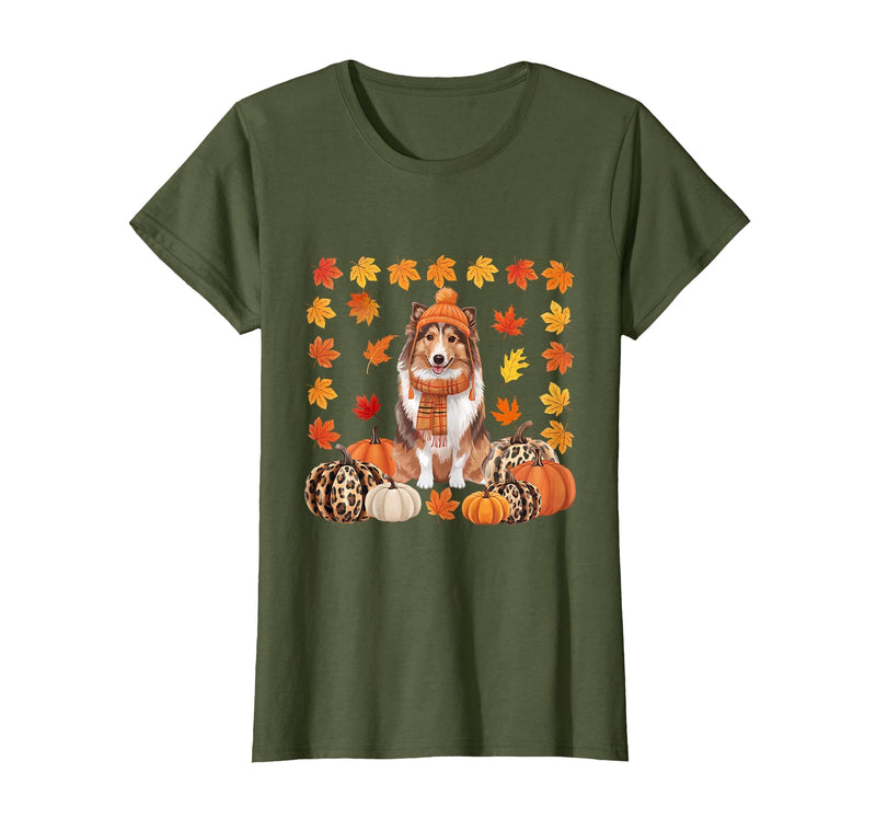 Shetland Sheepdog Sheltie Shop Sheltie Shetland Sheepdog Pumpkins Fall Leaves Halloween T-Shirt - Olive Green