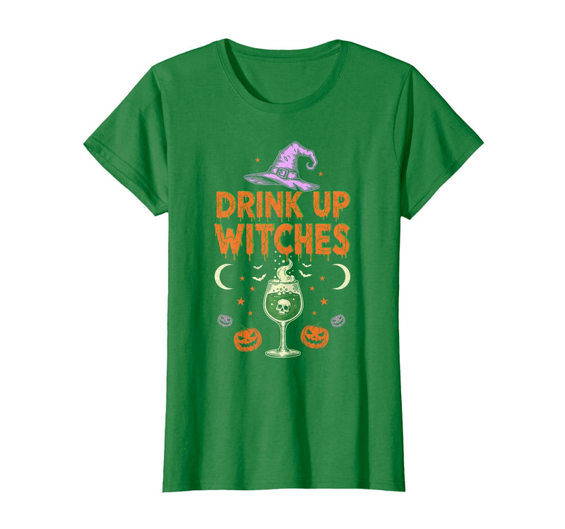 Funny Halloween Tees for Men Women Kids. Drink Up Witches Purple Hat Funny Halloween Men Women T-Shirt - Kelly Green