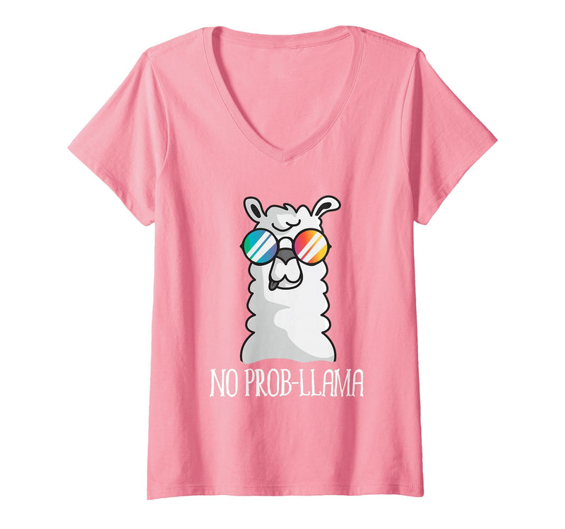 Llama Life Apparel Women's No Prob-Llama No Problem Cute Funny Cool Llama Alpaca V-Neck T-Shirt - Pink