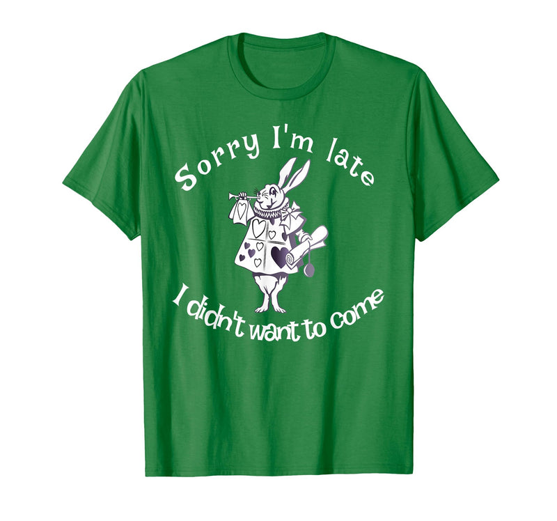 Sorry I'm Late, I Didn't Want to Come White Rabbit Watch T-Shirt in Kelly Green