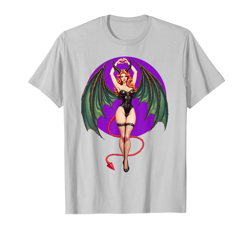 Classic Vintage Pin-Up Sexy Girl by YUX Sexy Succubus Monster Halloween Hand Heart Pin-Up Girl Devil T-Shirt - Silver Grey