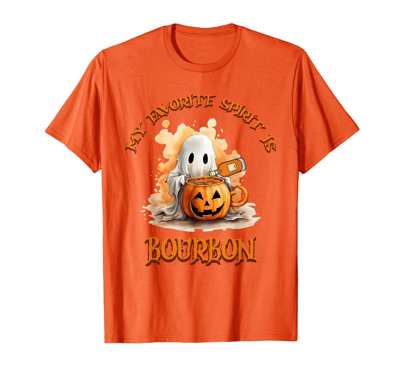 Boo Watercolor Pumpkin Cup Light Witch Hat Bottle Bourbon My Favorite Spirit is Bourbon Happy Halloween Boo T-Shirt - Orange