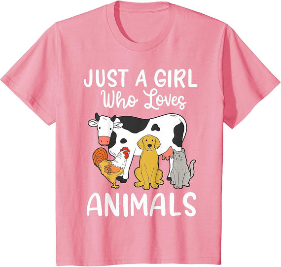 Cow Dog Chicken Cat Just a Girl Who Loves Animals T-Shirt - Pink