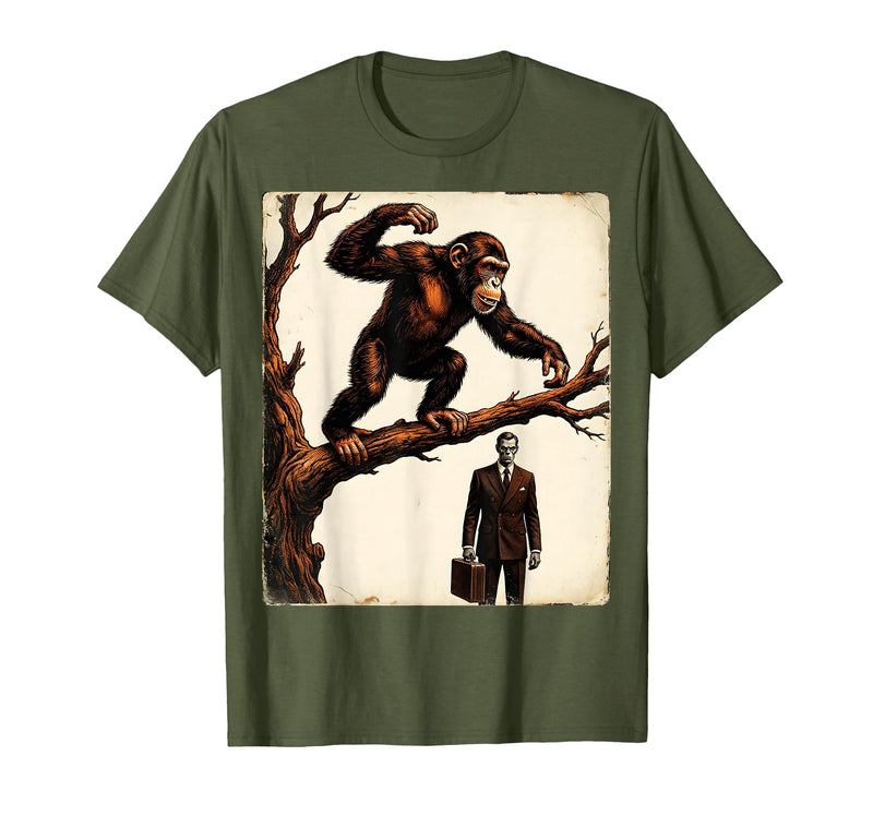 Mademark Monkey Flinging Poo at Businessman Graphic T-Shirt - Men - Olive Green
