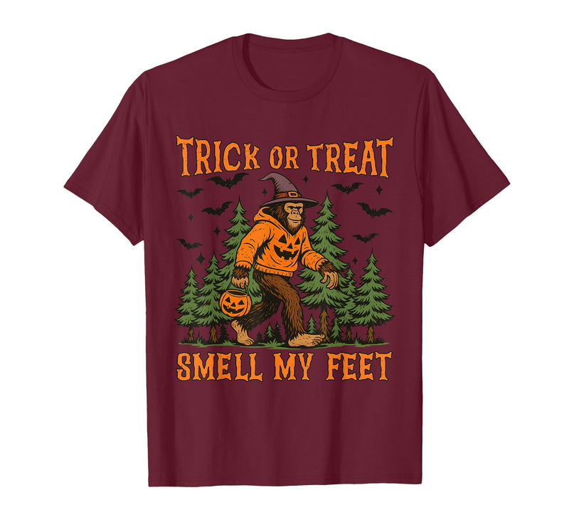 Bigfoot Halloween Costume Party Outfits Trick Or Treat Smell My Feet Bigfoot Halloween Sasquatch T-Shirt - Burgundy