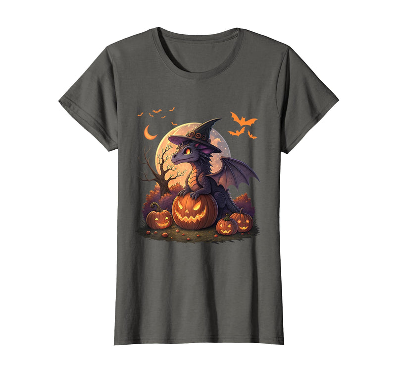 Halloween Dragons Fantasy Spooky Witchy Cute Halloween Dragon Witch Hat Pumpkin Moon Fantasy T-Shirt - Asphalt Grey