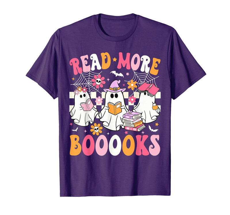 Read More Books Ghost Halloween Teacher Outfits Read More Books Ghosts Reading Book Funny Teacher Halloween T-Shirt - Purple