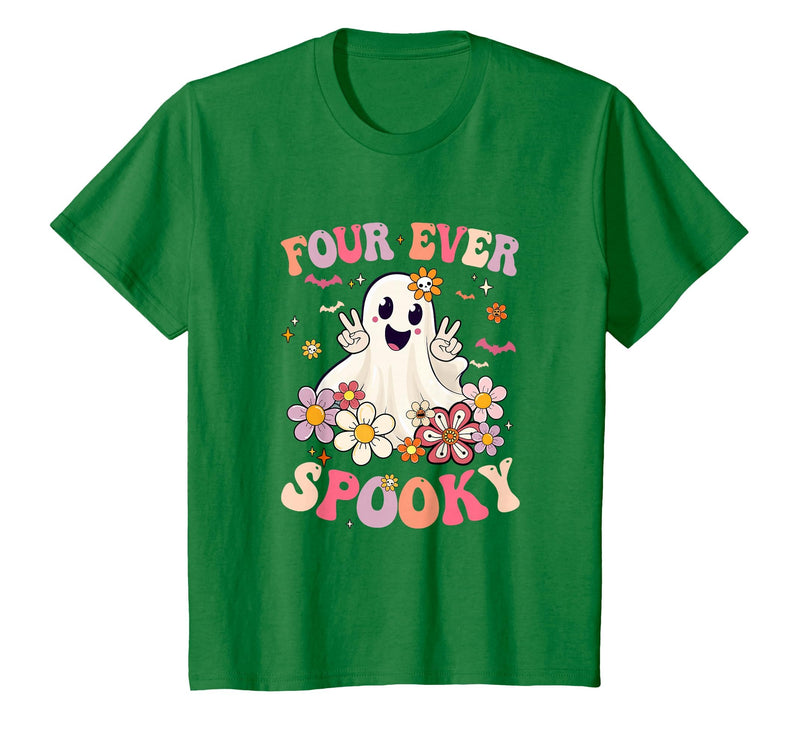 4th Birthday Party Halloween Costume Four Ever Spooky Halloween 4Th Birthday Party Decorations T-Shirt - Kelly Green