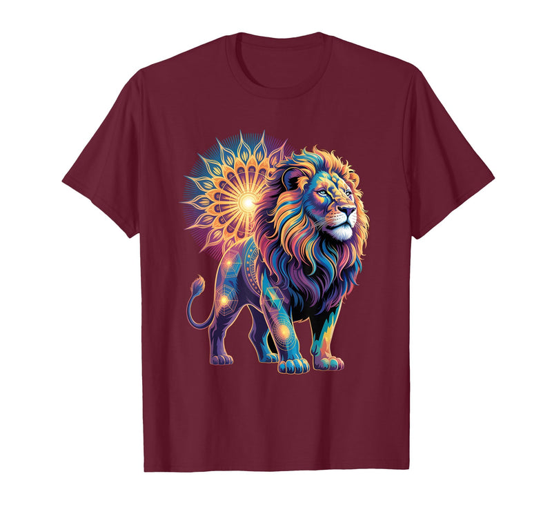 Cosmic Animal Mandala Sacred Geometry Collective Sacred Geometry Lion Mandala T-Shirt - Burgundy