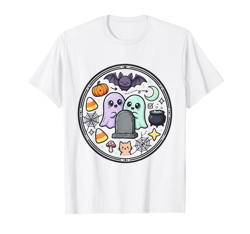 Mademark Ghost & Spirits - Ghost (99 Problems All) T-Shirt - White-cute Ghost Peeking Behind Gravestone
