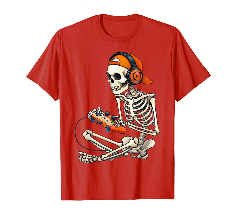 Halloween Skeleton Shirts for Gamers Men Boys Kids Halloween Skeleton Gamer Video Gaming Boys Men Kids Funny T-Shirt - Red