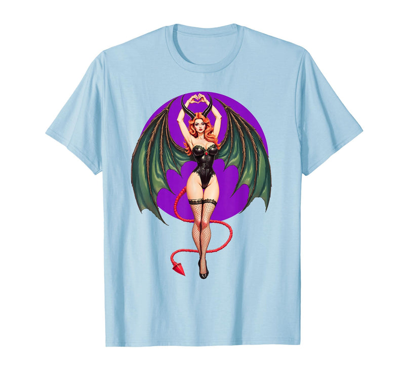 Classic Vintage Pin-Up Sexy Girl by YUX Sexy Succubus Monster Halloween Hand Heart Pin-Up Girl Devil T-Shirt - Baby Blue