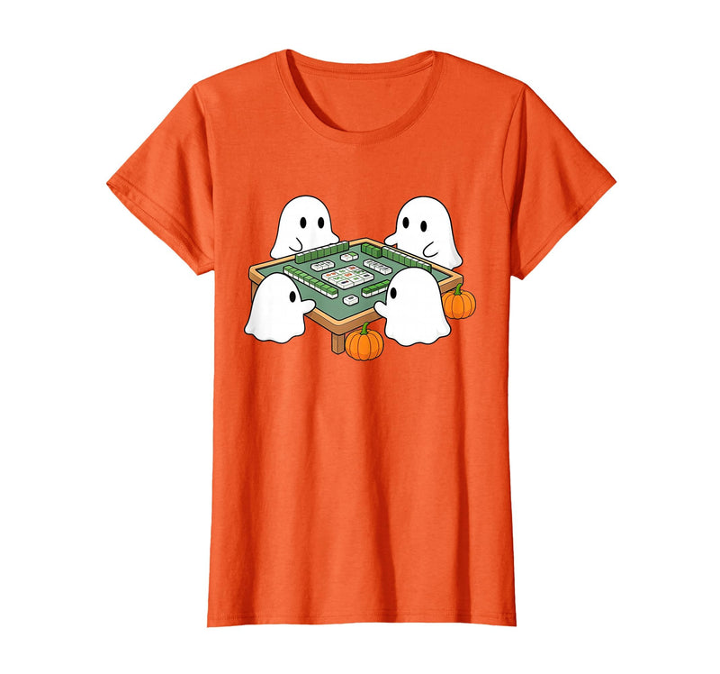 Mahjong Player Halloween Ghost Playing Mahjong Halloween Ghost Playing Mahjong Spooky Season Game Day Fall T-Shirt - Orange
