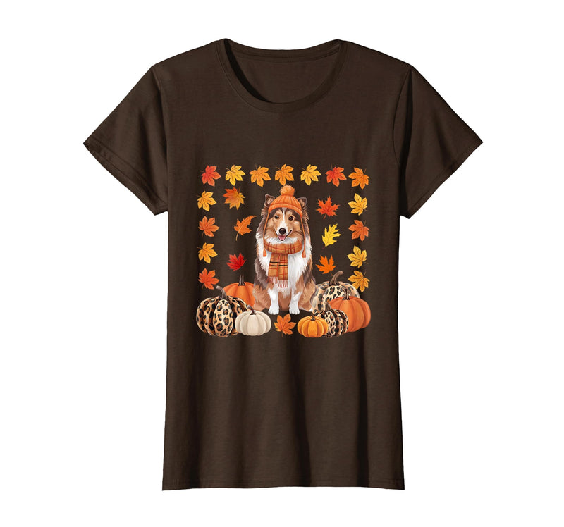 Shetland Sheepdog Sheltie Shop Sheltie Shetland Sheepdog Pumpkins Fall Leaves Halloween T-Shirt - Brown