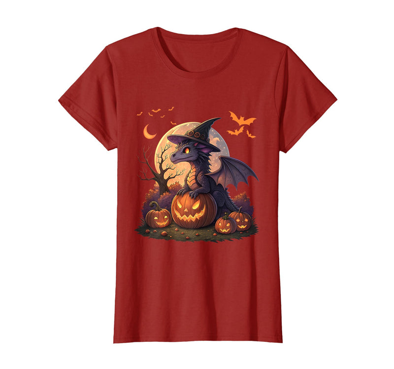 Halloween Dragons Fantasy Spooky Witchy Cute Halloween Dragon Witch Hat Pumpkin Moon Fantasy T-Shirt - Cranberry Red