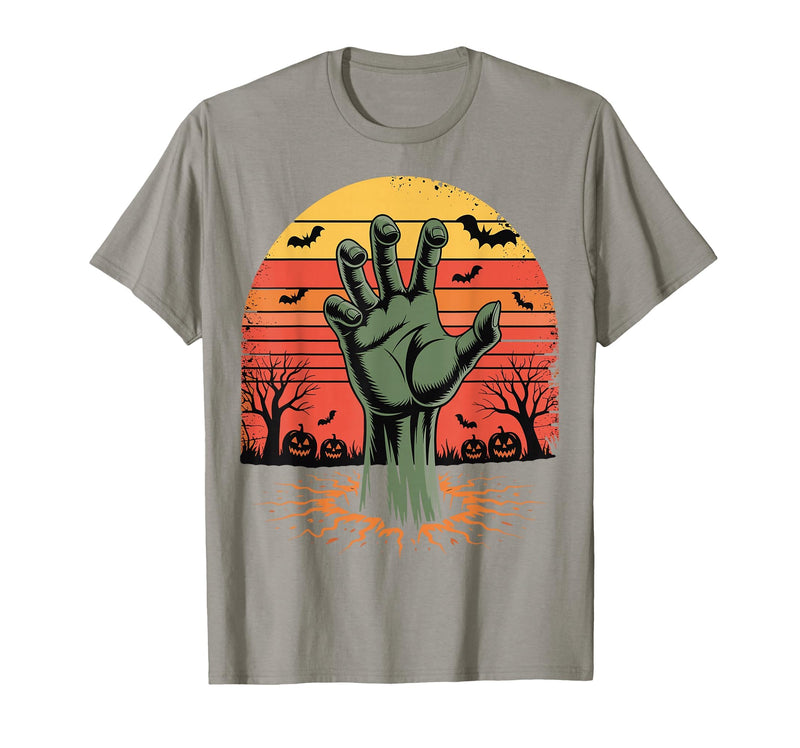 Creepy Undead Zombie Hand Retro Sunset Scary Zombie Hand Retro Sunset Halloween Horror Tee T-Shirt - Slate Grey