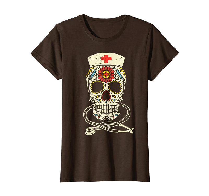Halloween Nurse Shirts For Women Scrub Costumes Nurse Sugar Skull Stethoscope RN Medical Halloween Costume T-Shirt - Brown