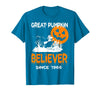 BlackThreadCa Great Pumpkin Believer Halloween Fun Graphic T-Shirt - Sapphire Blue