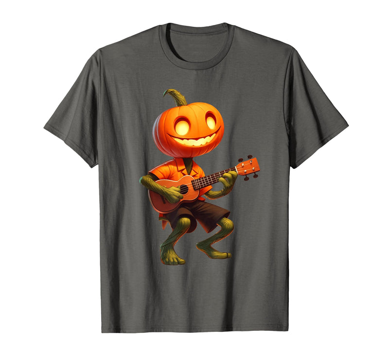 Funny Pumpkin Head Halloween Ukulele Tees Pumpkin Face Playing Ukulele Halloween Costume Men Boys Kids T-Shirt - Asphalt Grey